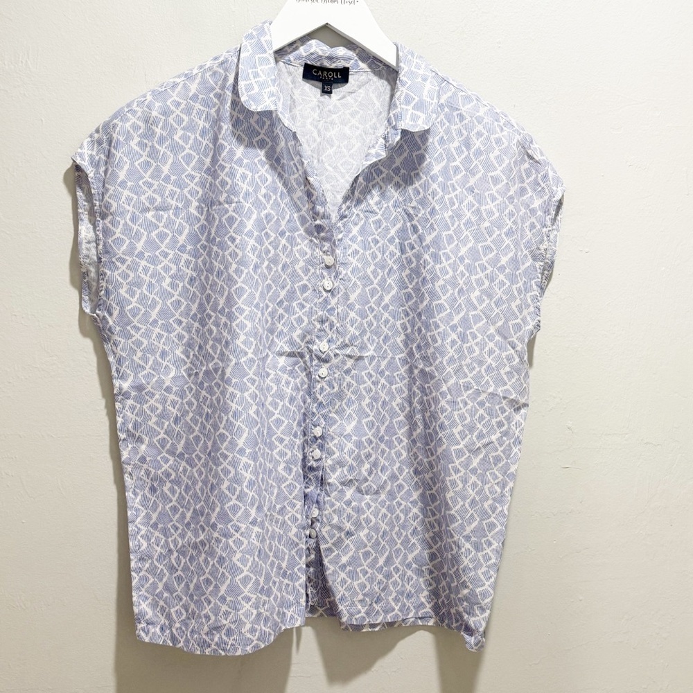 CAROLL PARIS Women’s Blue White Geometric Print Button Up Cotton Top Size XS